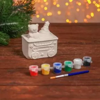 Роспись по гипсу, копилка многоразовая «Весёлый Новый год», краски 6 цв по 2 мл, кисть