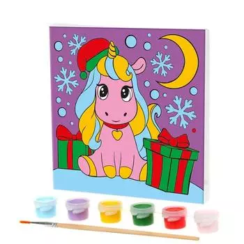 Роспись по холсту «Единорожка с подарками» 15х15
