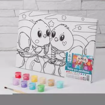 Роспись по холсту «Птенчики на гирлянде», 20х30 см