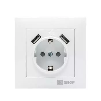 Розетка EKF "Валенсия", 16 А + 2 USB 2.1А, одноместная, с з/к, с защитными шторками, белая