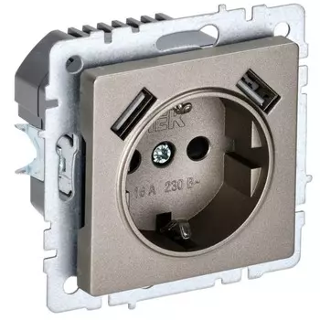Розетка IEK BR-R14-16-U21-D21-K37 BRITE, 16А, с USB, A+A 2.1А, с заземлением