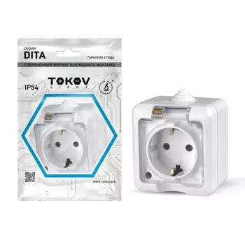 Розетка с прозр. крышкой TOKOV ELECTRIC, Dita, 16А, IP54, 250В, с з/к, белый, TKL-DT-R1Z-C01T-IP5