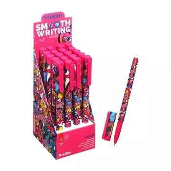 Ручка шариковая 0.7 мм синяя масляная, Vinson корпус софттач с рисунком (штрихкод на штуке)