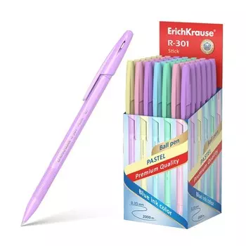 Ручка шариковая ErichKrause R-301 Pastel Stick, узел 0.7 мм, чернила синие, длина линии письма 2000 метров