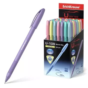 Ручка шариковая ErichKrause U-109 Pastel Stick&Grip, узел 1.0 мм, чернила синие, резиновый держатель, супермягкое письмо, длина линии письма 1000 метров
