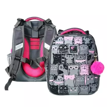 Рюкзак каркасный школьный 38 х 30 х 16 см, эргономичная спинка, Stavia "Кошачья семейка", серый