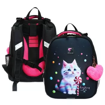 Рюкзак каркасный школьный 38 х 30 х 16 см, эргономичная спинка, Stavia "Sweet cat", синий