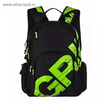 Рюкзак молодежный Grizzly, эргономичная спинка, 42 х 30 х 22 см, чёрный/салатовый