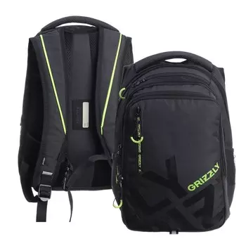 Рюкзак молодёжный, 42 х 31 х 22 см, Grizzly 338, эргономичная спинка, отделение для ноутбука, чёрный/зелёный RU-338-2_1