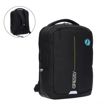 Рюкзак молодёжный Grizzly, 41.5 х 29 х 18 см, эргономичная спинка, чёрный/салатовый