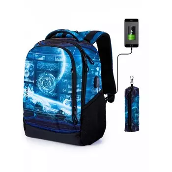 Рюкзак школьный 38 х 27 х 16 см, эргономичная спинка + пенал, SkyName 57, чёрный/синий, 57-43