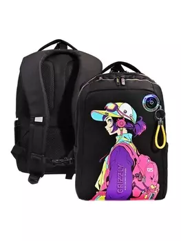 Рюкзак школьный, 392620 см, Grizzly, эргономичная спинка, отделение для ноутбука, черный, RG-566-7_1