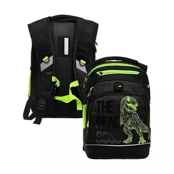 Рюкзак школьный, 40 х 25 х 22 см, Grizzly, эргономичная спинка, отделение для ноутбука, чёрный/зелёный