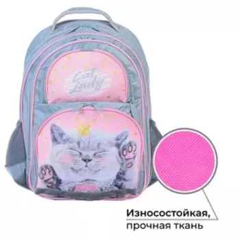 Рюкзак школьный, 36 х 23 х 13 см, эргономичная спинка, Calligrata П "Кот", серый/розовый