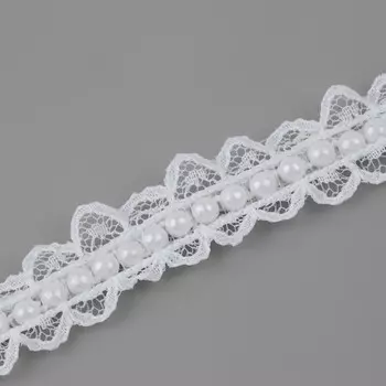 Рюш кружевной, с бусинами, 17 мм, 4,5 ± 0,5 м, цвет белый