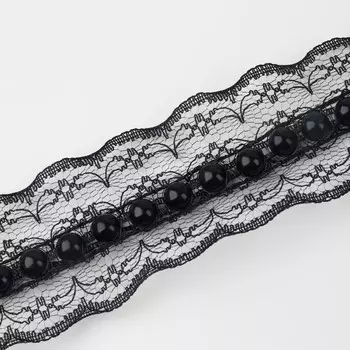 Рюш кружевной, с бусинами, 40 мм, 4.5±0.5 м, чёрный