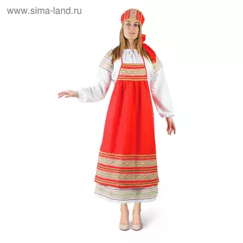 Русский женский костюм "Пелагея", платье, красный фартук, кокошник, р. 44-46, рост 172 см