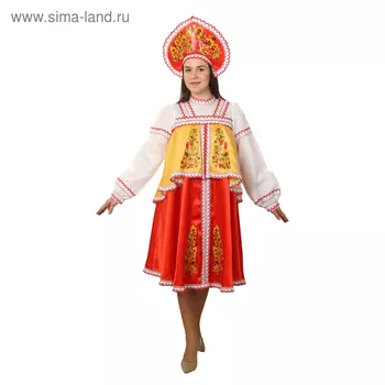 Русский народный женский костюм, платье с отлетной кокеткой, кокошник, красно-жёлтый, р-р 48, рост 170 см
