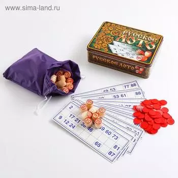 Русское лото деревянное «Русские узоры», 24 карточки, 100 фишек, 90 бочонков