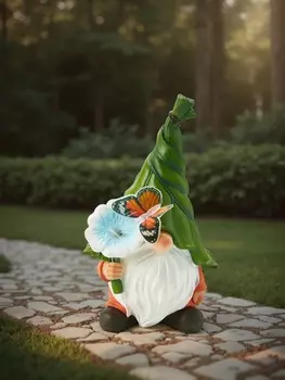 Садовая фигура из полистоуна «Гном с цветочком», 31.52017 см, с подсветкой