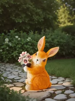 Садовая фигура из полистоуна «Зайка с букетом», 221117 см, с подсветкой