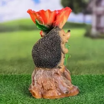 Садовая фигура-поилка для птиц "Ежик на пне с цветком" из полистоуна, 26см, средняя