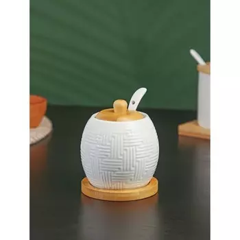 Сахарница с ложкой на бамбуковой подставке BellaTenero, 250 мл, фарфор, белая