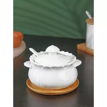 Сахарница с ложкой на бамбуковой подставке BellaTenero «Тюльпан», 350 мл, фарфор, белая