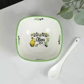 Салатник фарфоровый с ложкой Доляна «Олива», 300 мл