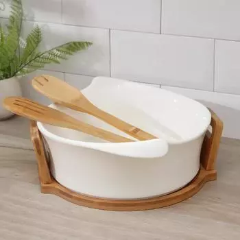 Салатник «Эстет», 2,4 л, с ложкой и вилкой, на деревянной подставке