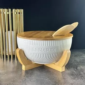 Салатник Lenardi Bamboo, на подставке, с крышкой и кухонными принадлежностями, d=24.5 см, 5 предметов