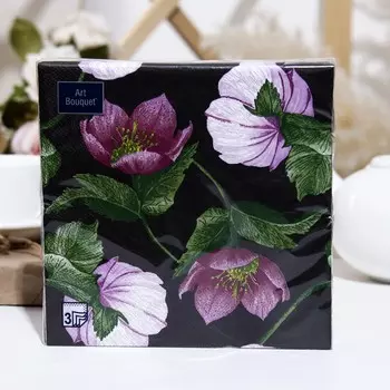 Салфетки бумажные Art Bouquet "Декоративный цветок"на черном, 3 слоя,33x33, 20 листов