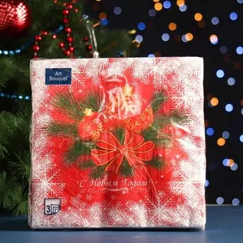 Салфетки бумажные "Art Bouquet" Новогодние шары на красном, 3 слоя,33x33, 20 листов