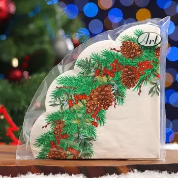 Новогодние салфетки бумажные круглые Art Bouquet Rondo «Новогодний венок - 3», 3 слоя, d 32 см, 12 шт