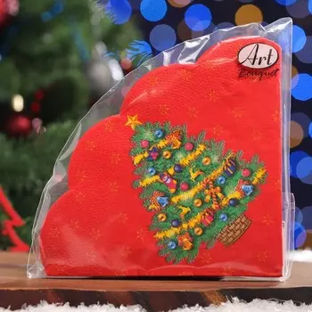 Салфетки бумажные Art Bouquet Rondo " Новогодняя ель на красном", 3 слоя, d 32, 12 шт