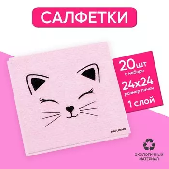 Салфетки бумажные однослойные «Кошечка», 24 24 см, в наборе 20 шт.