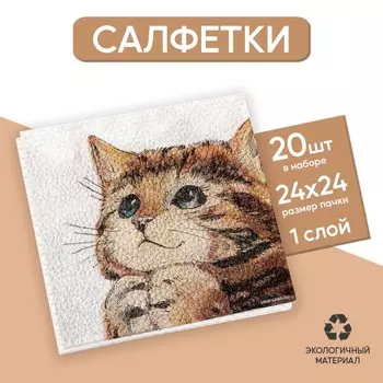 Салфетки бумажные однослойные «Котёнок», 2424 см, набор 20 штук