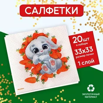 Салфетки бумажные однослойные «Зайка в морковке», 33 х 33 см, набор 20 штук