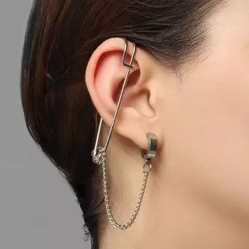 Серьга «Кафф» булавка и цепь, цвет серебро