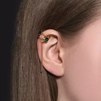 Серьга «Кафф» два кольца, цвет изумрудный в золоте