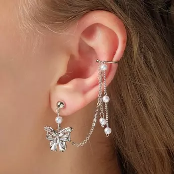 Серьга "Каффа" бабочка с цепями, цвет белый в серебре