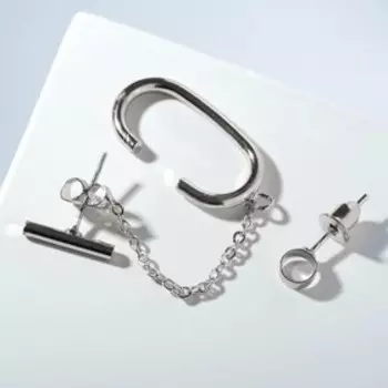 Серьга "Каффа" на цепочке с пусетом, цвет серебро