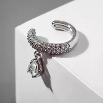 Серьга кафф «Овальная», линия со стразами, с подвеской, цвет белый в серебре