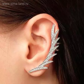 Серьга «Кафф» перо стразы, цвет белый в серебре