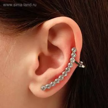 Серьга «Кафф» стразы в огранке, цвет белый в серебре