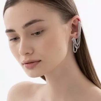Серьга кафф «Подвески», со стразами, цвет белый в серебре