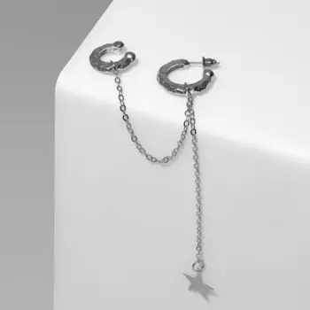 Серьга «Кафф» звезда на цепочке, цвет серебро