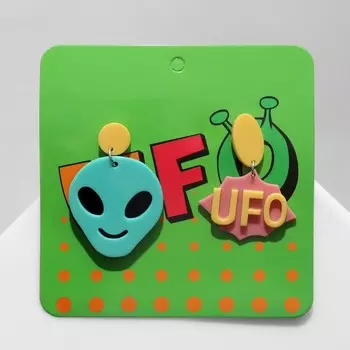 Серьги акриловые UFO инопланетянин, цветные в серебре