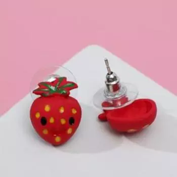 Серьги эмаль "Клубничка" личико, цвет красно-белый