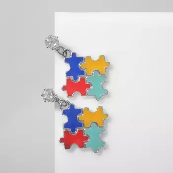 Серьги с эмалью «Пазл», цветные в серебре